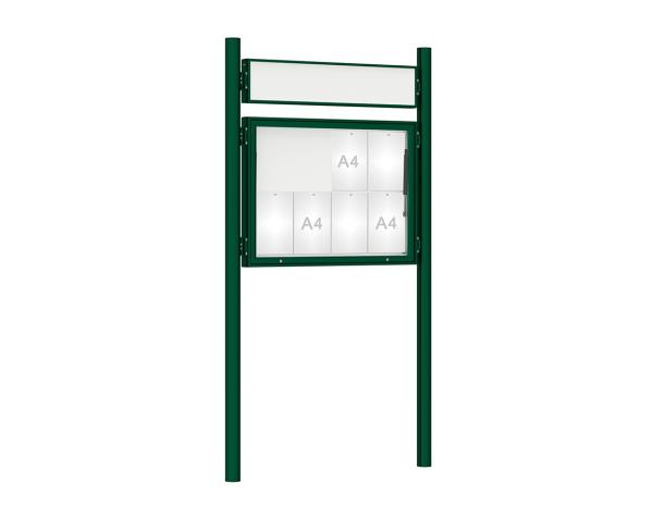 Schaukasten 1000 mit Pfosten Ø 76 mm Farbe:RAL 6005|Abmessungen:8 A4 - B 1000 x H 750 mm - Klapptür|Pfosten:Pfosten-Set zum Einbetonieren - Mit Titelleiste
