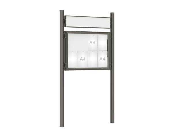 Schaukasten 1000 mit Pfosten Ø 76 mm Farbe:Procity grau|Abmessungen:8 A4 - B 1000 x H 750 mm - Klapptür|Pfosten:Pfosten-Set zum Einbetonieren - Mit Titelleiste