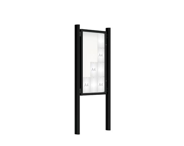 Schaukasten 2000 mit Quatro-Pfosten Farbe:RAL 9005|Abmessungen:12 A4 - B 750 x H 1350 mm - Flügeltür|Pfosten:Pfosten-Set zum Einbetonieren - Ohne Titelleiste
