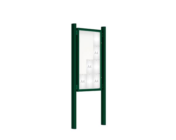 Schaukasten 2000 mit Quatro-Pfosten Farbe:RAL 6005|Abmessungen:12 A4 - B 750 x H 1350 mm - Flügeltür|Pfosten:Mittelpfosten zum Einbetonieren - Ohne Titelleiste