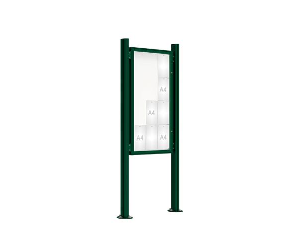 Schaukasten 2000 mit Quatro-Pfosten Farbe:RAL 6005|Abmessungen:12 A4 - B 750 x H 1350 mm - Flügeltür|Pfosten:Mittelpfosten auf Bodenplatte - Ohne Titelleiste