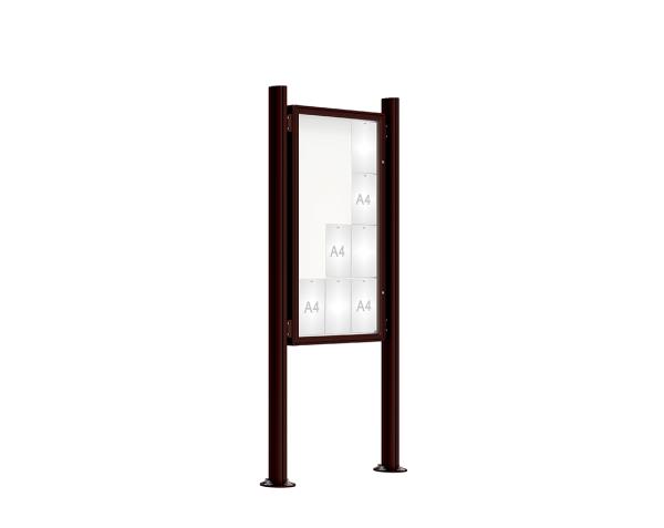 Schaukasten 2000 mit Quatro-Pfosten Farbe:RAL 8017|Abmessungen:12 A4 - B 750 x H 1350 mm - Flügeltür|Pfosten:Mittelpfosten auf Bodenplatte - Ohne Titelleiste