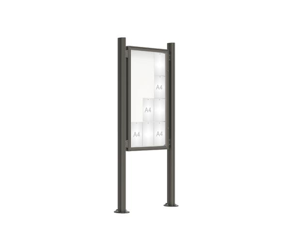 Schaukasten 2000 mit Quatro-Pfosten Farbe:Procity grau|Abmessungen:12 A4 - B 750 x H 1350 mm - Flügeltür|Pfosten:Mittelpfosten auf Bodenplatte - Ohne Titelleiste