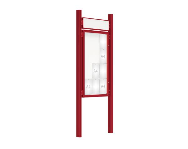 Schaukasten 2000 mit Quatro-Pfosten Farbe:RAL 3004|Abmessungen:12 A4 - B 750 x H 1350 mm - Flügeltür|Pfosten:Pfosten-Set zum Einbetonieren - Mit Titelleiste