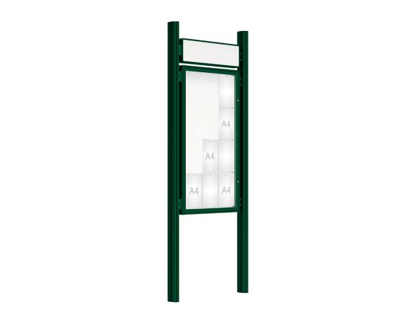 Schaukasten 2000 mit Quatro-Pfosten Farbe:RAL 6005|Abmessungen:12 A4 - B 750 x H 1350 mm - Flügeltür|Pfosten:Mittelpfosten zum Einbetonieren - Mit Titelleiste