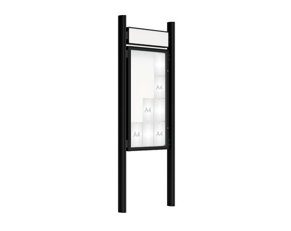 Schaukasten 2000 mit Quatro-Pfosten Farbe:RAL 9005|Abmessungen:12 A4 - B 750 x H 1350 mm - Flügeltür|Pfosten:Mittelpfosten zum Einbetonieren - Mit Titelleiste