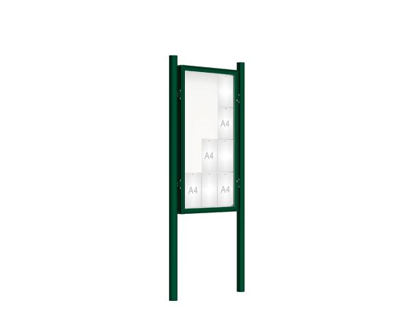 Schaukasten 2000 mit Pfosten Ø 76 mm Farbe:RAL 6005|Abmessungen:12 A4 - B 750 x H 1350 mm - Flügeltür|Pfosten:Pfosten-Set zum Einbetonieren - Ohne Titelleiste