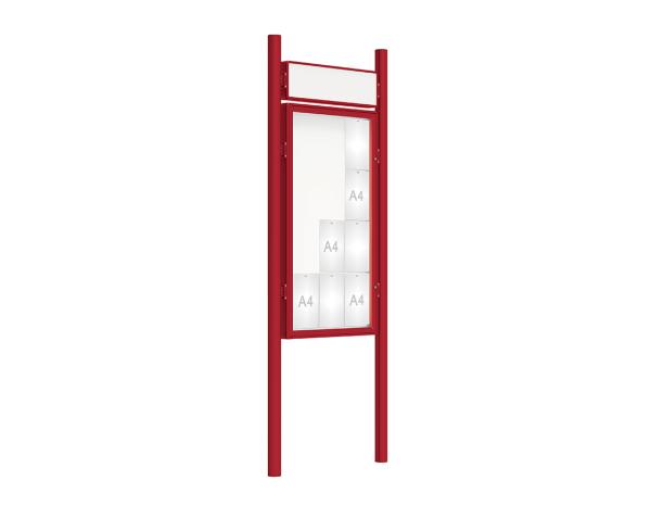 Schaukasten 2000 mit Pfosten Ø 76 mm Farbe:RAL 3004|Abmessungen:12 A4 - B 750 x H 1350 mm - Flügeltür|Pfosten:Pfosten-Set zum Einbetonieren - Mit Titelleiste