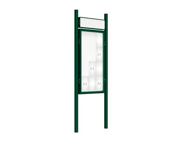 Schaukasten 2000 mit Pfosten Ø 76 mm Farbe:RAL 6005|Abmessungen:12 A4 - B 750 x H 1350 mm - Flügeltür|Pfosten:Pfosten-Set zum Einbetonieren - Mit Titelleiste
