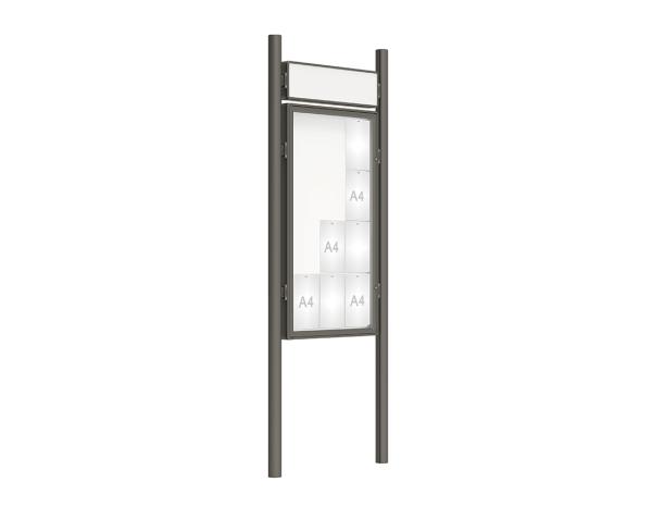 Schaukasten 2000 mit Pfosten Ø 76 mm Farbe:Procity grau|Abmessungen:12 A4 - B 750 x H 1350 mm - Flügeltür|Pfosten:Pfosten-Set zum Einbetonieren - Mit Titelleiste