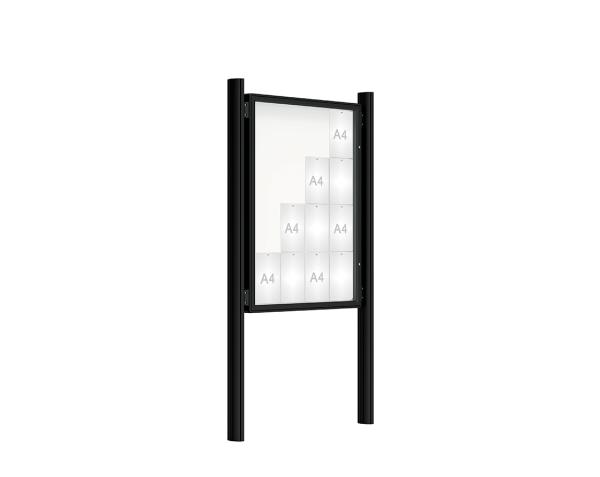 Schaukasten 2000 mit Quatro-Pfosten Farbe:RAL 9005|Abmessungen:16 A4 - B 1000 x H 1350 mm - Flügeltür|Pfosten:Pfosten-Set zum Einbetonieren - Ohne Titelleiste