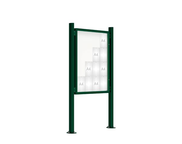 Schaukasten 2000 mit Quatro-Pfosten Farbe:RAL 6005|Abmessungen:16 A4 - B 1000 x H 1350 mm - Flügeltür|Pfosten:Pfosten-Set auf Bodenplatten - Ohne Titelleiste