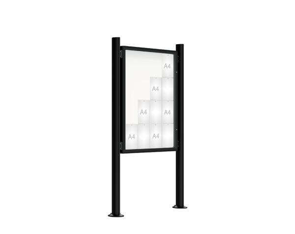 Schaukasten 2000 mit Quatro-Pfosten Farbe:RAL 9005|Abmessungen:16 A4 - B 1000 x H 1350 mm - Flügeltür|Pfosten:Pfosten-Set auf Bodenplatten - Ohne Titelleiste