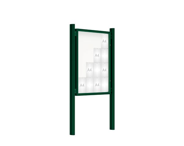 Schaukasten 2000 mit Quatro-Pfosten Farbe:RAL 6005|Abmessungen:16 A4 - B 1000 x H 1350 mm - Flügeltür|Pfosten:Mittelpfosten zum Einbetonieren - Ohne Titelleiste