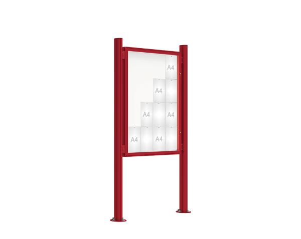 Schaukasten 2000 mit Quatro-Pfosten Farbe:RAL 3004|Abmessungen:16 A4 - B 1000 x H 1350 mm - Flügeltür|Pfosten:Mittelpfosten auf Bodenplatte - Ohne Titelleiste