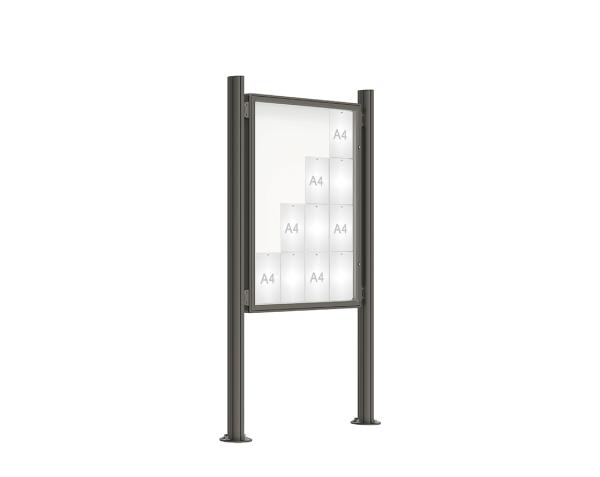 Schaukasten 2000 mit Quatro-Pfosten Farbe:Procity grau|Abmessungen:16 A4 - B 1000 x H 1350 mm - Flügeltür|Pfosten:Mittelpfosten auf Bodenplatte - Ohne Titelleiste