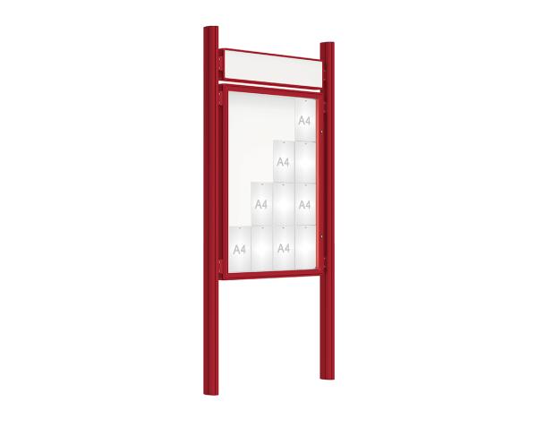 Schaukasten 2000 mit Quatro-Pfosten Farbe:RAL 3004|Abmessungen:16 A4 - B 1000 x H 1350 mm - Flügeltür|Pfosten:Pfosten-Set zum Einbetonieren - Mit Titelleiste