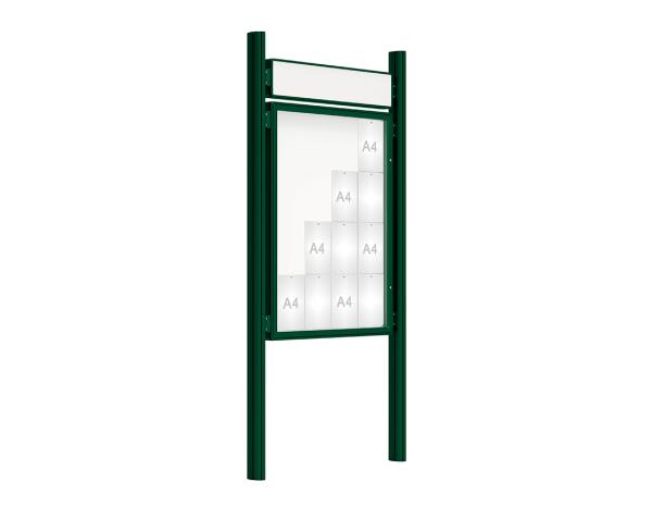 Schaukasten 2000 mit Quatro-Pfosten Farbe:RAL 6005|Abmessungen:16 A4 - B 1000 x H 1350 mm - Flügeltür|Pfosten:Pfosten-Set zum Einbetonieren - Mit Titelleiste