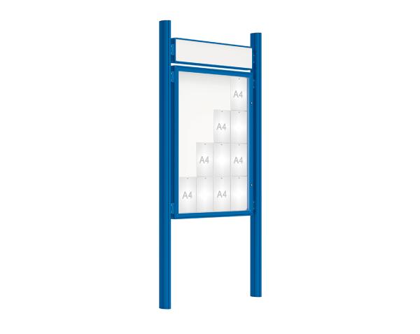 Schaukasten 2000 mit Quatro-Pfosten Farbe:RAL 5010|Abmessungen:16 A4 - B 1000 x H 1350 mm - Flügeltür|Pfosten:Mittelpfosten zum Einbetonieren - Mit Titelleiste