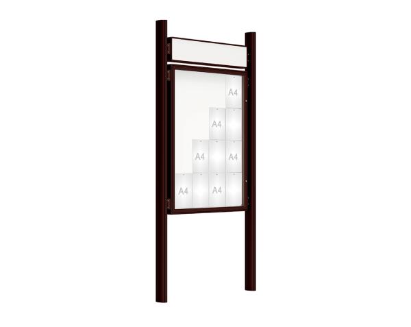 Schaukasten 2000 mit Quatro-Pfosten Farbe:RAL 8017|Abmessungen:16 A4 - B 1000 x H 1350 mm - Flügeltür|Pfosten:Mittelpfosten zum Einbetonieren - Mit Titelleiste