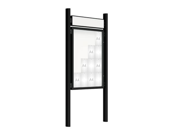 Schaukasten 2000 mit Quatro-Pfosten Farbe:RAL 9005|Abmessungen:16 A4 - B 1000 x H 1350 mm - Flügeltür|Pfosten:Mittelpfosten zum Einbetonieren - Mit Titelleiste