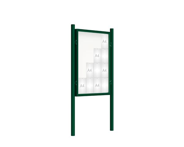 Schaukasten 2000 mit Pfosten Ø 76 mm Farbe:RAL 6005|Abmessungen:16 A4 - B 1000 x H 1350 mm - Flügeltür|Pfosten:Pfosten-Set zum Einbetonieren - Ohne Titelleiste