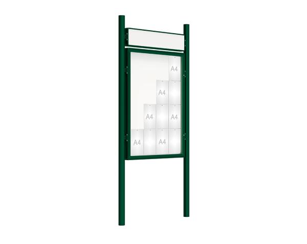Schaukasten 2000 mit Pfosten Ø 76 mm Farbe:RAL 6005|Abmessungen:16 A4 - B 1000 x H 1350 mm - Flügeltür|Pfosten:Pfosten-Set zum Einbetonieren - Mit Titelleiste