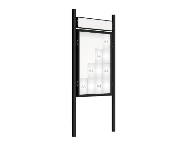 Schaukasten 2000 mit Pfosten Ø 76 mm Farbe:RAL 9005|Abmessungen:16 A4 - B 1000 x H 1350 mm - Flügeltür|Pfosten:Pfosten-Set zum Einbetonieren - Mit Titelleiste