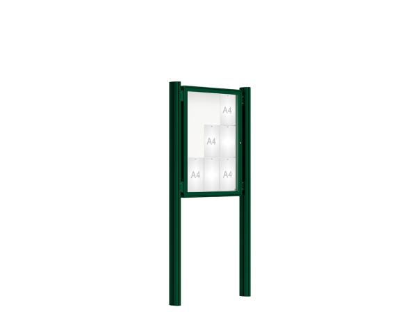 Schaukasten 2000 mit Quatro-Pfosten Farbe:RAL 6005|Abmessungen:9 A4 - B 750 x H 1000 mm - Flügeltür|Pfosten:Pfosten-Set zum Einbetonieren - Ohne Titelleiste