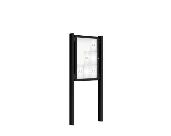 Schaukasten 2000 mit Quatro-Pfosten Farbe:RAL 9005|Abmessungen:9 A4 - B 750 x H 1000 mm - Flügeltür|Pfosten:Pfosten-Set zum Einbetonieren - Ohne Titelleiste