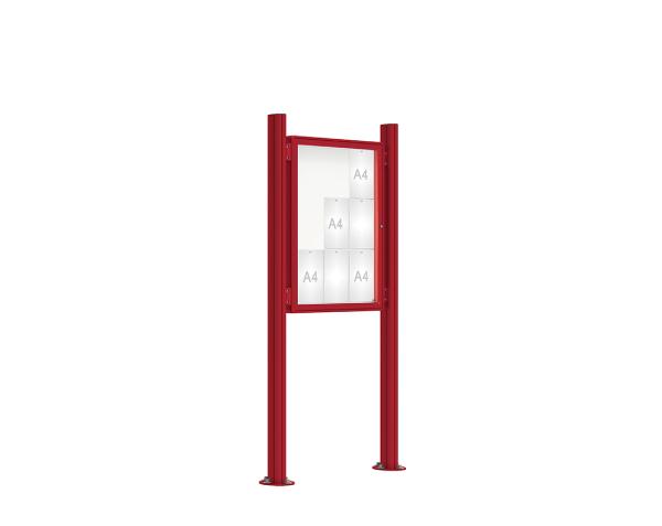 Schaukasten 2000 mit Quatro-Pfosten Farbe:RAL 3004|Abmessungen:9 A4 - B 750 x H 1000 mm - Flügeltür|Pfosten:Pfosten-Set auf Bodenplatten - Ohne Titelleiste