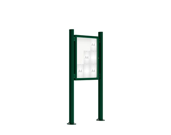 Schaukasten 2000 mit Quatro-Pfosten Farbe:RAL 6005|Abmessungen:9 A4 - B 750 x H 1000 mm - Flügeltür|Pfosten:Pfosten-Set auf Bodenplatten - Ohne Titelleiste