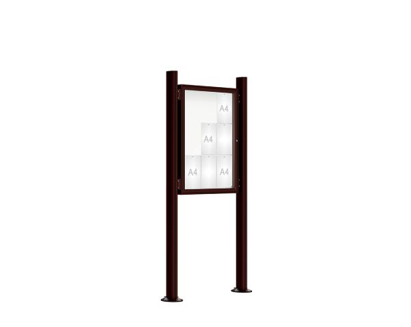 Schaukasten 2000 mit Quatro-Pfosten Farbe:RAL 8017|Abmessungen:9 A4 - B 750 x H 1000 mm - Flügeltür|Pfosten:Pfosten-Set auf Bodenplatten - Ohne Titelleiste