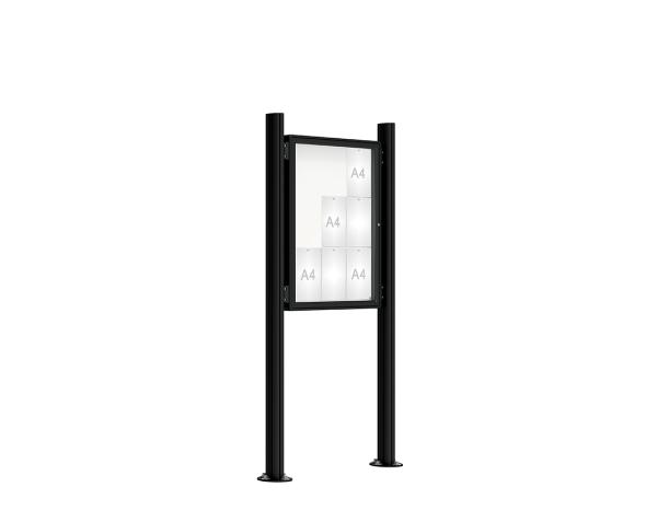 Schaukasten 2000 mit Quatro-Pfosten Farbe:RAL 9005|Abmessungen:9 A4 - B 750 x H 1000 mm - Flügeltür|Pfosten:Pfosten-Set auf Bodenplatten - Ohne Titelleiste