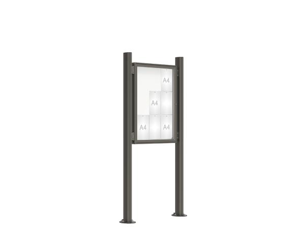 Schaukasten 2000 mit Quatro-Pfosten Farbe:Procity grau|Abmessungen:9 A4 - B 750 x H 1000 mm - Flügeltür|Pfosten:Pfosten-Set auf Bodenplatten - Ohne Titelleiste