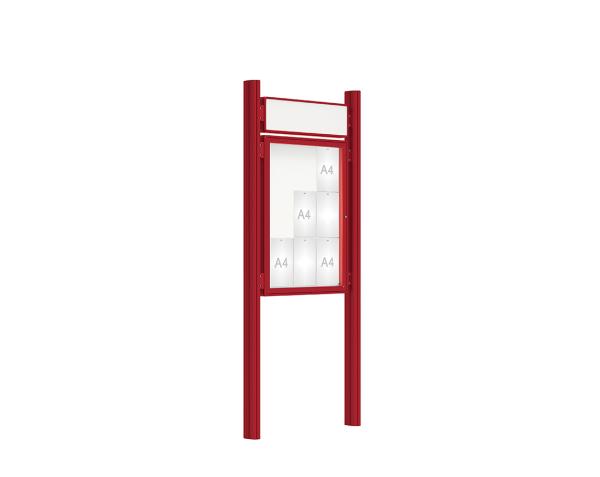 Schaukasten 2000 mit Quatro-Pfosten Farbe:RAL 3004|Abmessungen:9 A4 - B 750 x H 1000 mm - Flügeltür|Pfosten:Pfosten-Set zum Einbetonieren - Mit Titelleiste