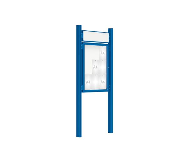 Schaukasten 2000 mit Quatro-Pfosten Farbe:RAL 5010|Abmessungen:9 A4 - B 750 x H 1000 mm - Flügeltür|Pfosten:Mittelpfosten zum Einbetonieren - Mit Titelleiste