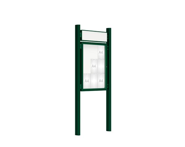 Schaukasten 2000 mit Quatro-Pfosten Farbe:RAL 6005|Abmessungen:9 A4 - B 750 x H 1000 mm - Flügeltür|Pfosten:Mittelpfosten zum Einbetonieren - Mit Titelleiste