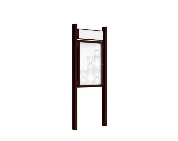 Schaukasten 2000 mit Quatro-Pfosten Farbe:RAL 8017|Abmessungen:9 A4 - B 750 x H 1000 mm - Flügeltür|Pfosten:Mittelpfosten zum Einbetonieren - Mit Titelleiste
