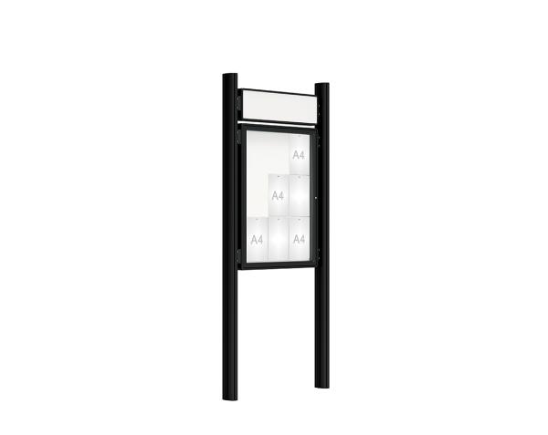 Schaukasten 2000 mit Quatro-Pfosten Farbe:RAL 9005|Abmessungen:9 A4 - B 750 x H 1000 mm - Flügeltür|Pfosten:Mittelpfosten zum Einbetonieren - Mit Titelleiste