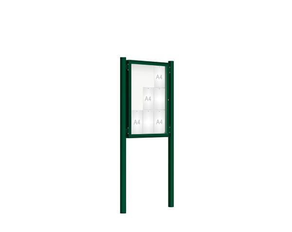 Schaukasten 2000 mit Pfosten Ø 76 mm Farbe:RAL 6005|Abmessungen:9 A4 - B 750 x H 1000 mm - Flügeltür|Pfosten:Pfosten-Set zum Einbetonieren - Ohne Titelleiste