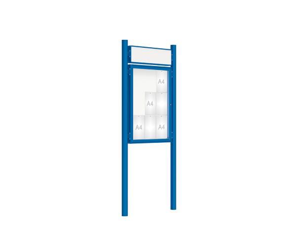 Schaukasten 2000 mit Pfosten Ø 76 mm Farbe:RAL 5010|Abmessungen:9 A4 - B 750 x H 1000 mm - Flügeltür|Pfosten:Pfosten-Set zum Einbetonieren - Mit Titelleiste