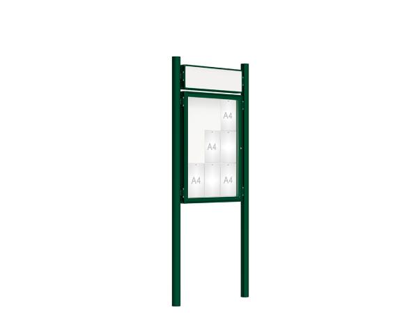 Schaukasten 2000 mit Pfosten Ø 76 mm Farbe:RAL 6005|Abmessungen:9 A4 - B 750 x H 1000 mm - Flügeltür|Pfosten:Pfosten-Set zum Einbetonieren - Mit Titelleiste