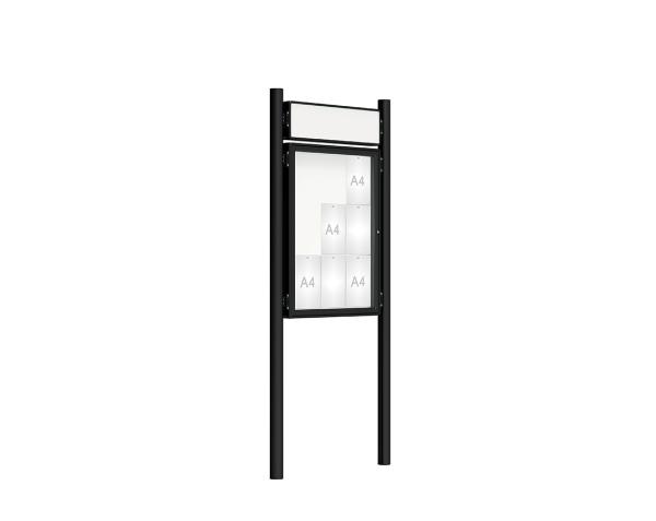 Schaukasten 2000 mit Pfosten Ø 76 mm Farbe:RAL 9005|Abmessungen:9 A4 - B 750 x H 1000 mm - Flügeltür|Pfosten:Pfosten-Set zum Einbetonieren - Mit Titelleiste