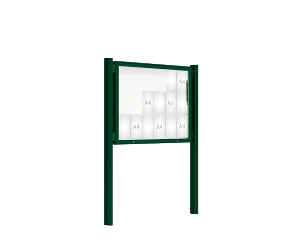 Schaukasten 2000 mit Quatro-Pfosten Farbe:RAL 6005|Abmessungen:18 A4 - B 1350 x H 1000 mm - Klapptür|Pfosten:Pfosten-Set zum Einbetonieren - Ohne Titelleiste