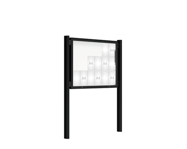 Schaukasten 2000 mit Quatro-Pfosten Farbe:RAL 9005|Abmessungen:18 A4 - B 1350 x H 1000 mm - Klapptür|Pfosten:Pfosten-Set zum Einbetonieren - Ohne Titelleiste