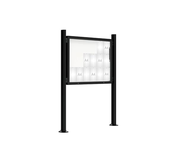 Schaukasten 2000 mit Quatro-Pfosten Farbe:RAL 9005|Abmessungen:18 A4 - B 1350 x H 1000 mm - Klapptür|Pfosten:Pfosten-Set auf Bodenplatten - Ohne Titelleiste