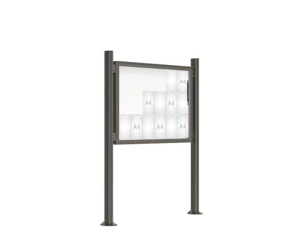 Schaukasten 2000 mit Quatro-Pfosten Farbe:Procity grau|Abmessungen:18 A4 - B 1350 x H 1000 mm - Klapptür|Pfosten:Pfosten-Set auf Bodenplatten - Ohne Titelleiste