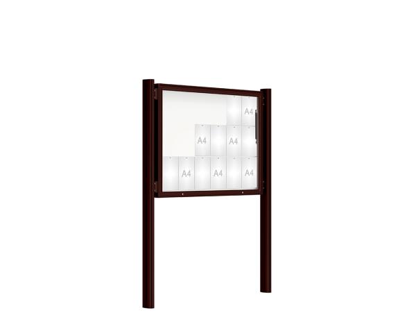 Schaukasten 2000 mit Quatro-Pfosten Farbe:RAL 8017|Abmessungen:18 A4 - B 1350 x H 1000 mm - Klapptür|Pfosten:Mittelpfosten zum Einbetonieren - Ohne Titelleiste