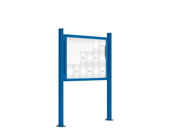 Schaukasten 2000 mit Quatro-Pfosten Farbe:RAL 5010|Abmessungen:18 A4 - B 1350 x H 1000 mm - Klapptür|Pfosten:Mittelpfosten auf Bodenplatte - Ohne Titelleiste